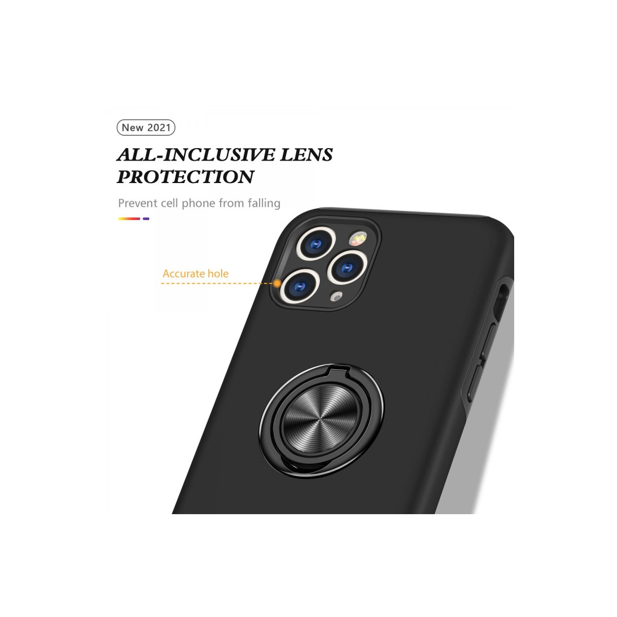 Halka tutuculu siyah telefon kılıfı, kamera lens korumalı.