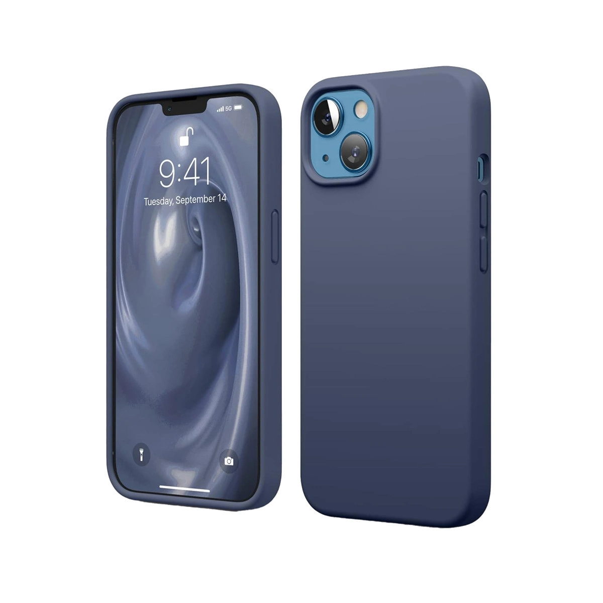 Kilit ekranı görünen mavi bir iPhone kasada.
