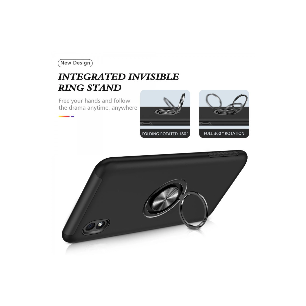 180° katlanabilir entegre halka stantlı siyah telefon kılıfı.