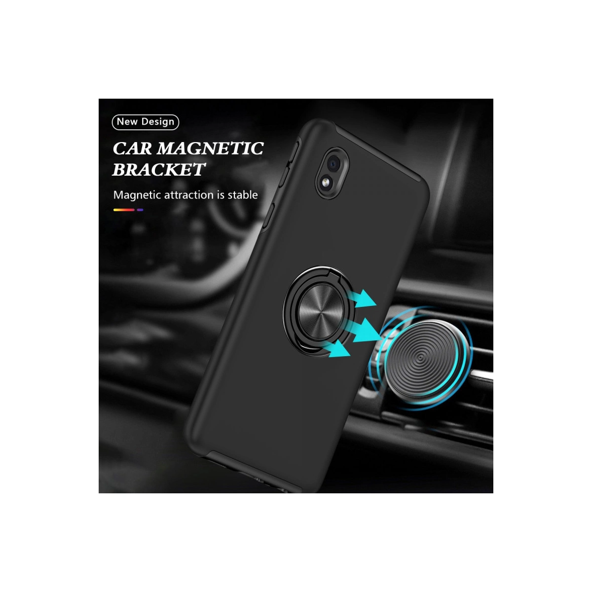 Halka tutuculu ve manyetik araç montajlı siyah telefon kılıfı.