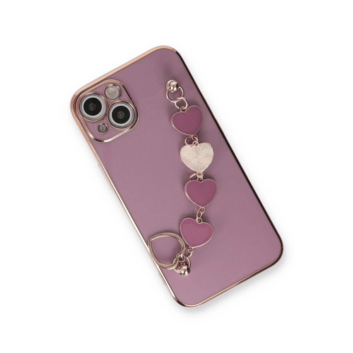 Kalp charm bileklik ve yüzük tutuculu mor telefon kılıfı.