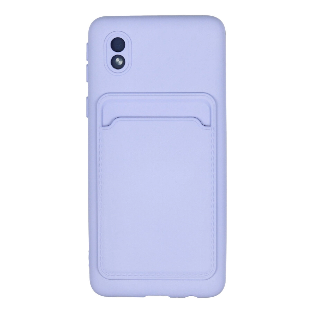 Kart yuvalı ve iki kamera lensli açık mor telefon kılıfı.