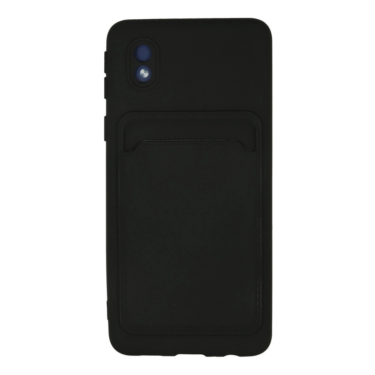 Arkada kartlık ve iki kamera lensi bulunan siyah telefon kılıfı.