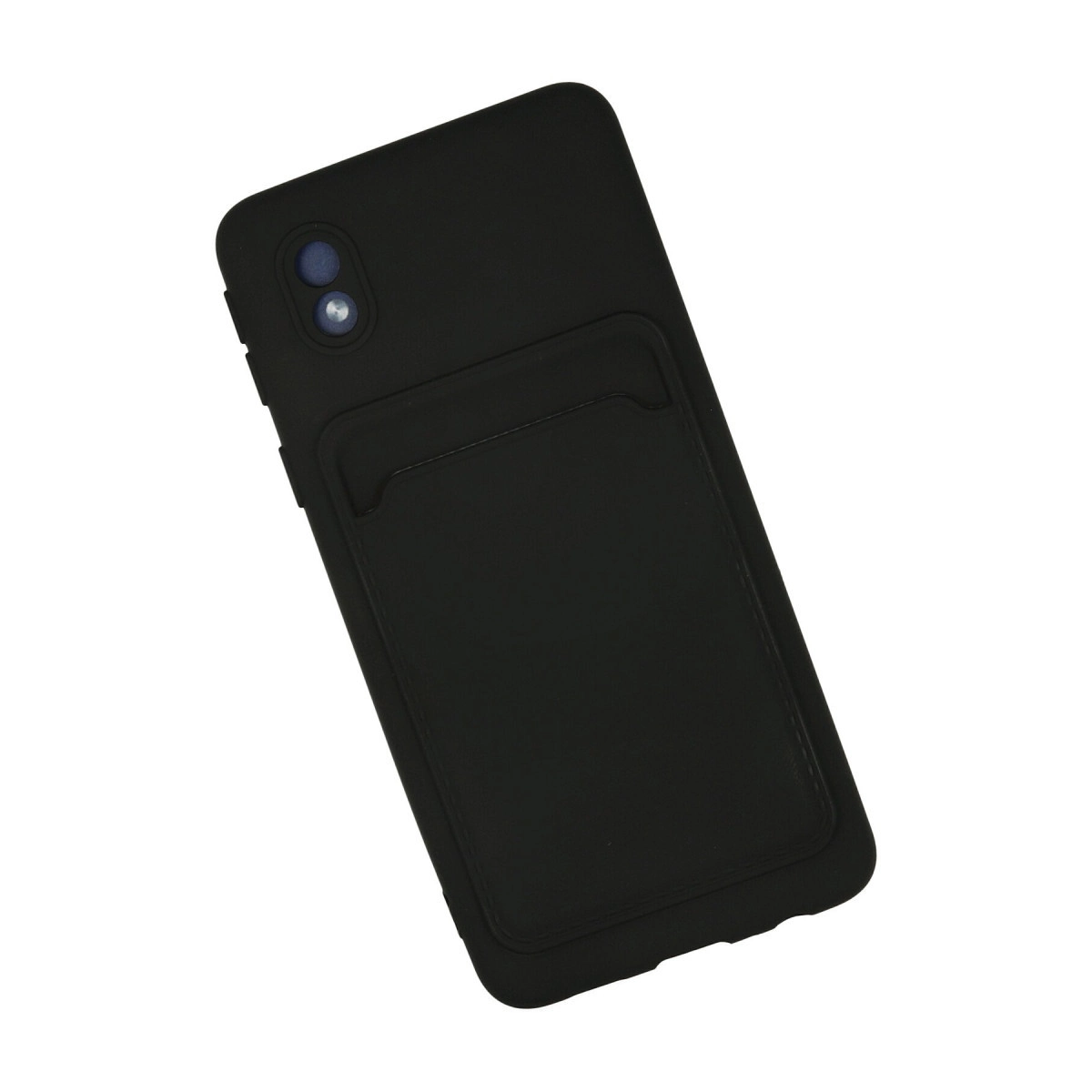 Sırtında kart yuvası ve iki kamera lensi olan siyah telefon kılıfı.