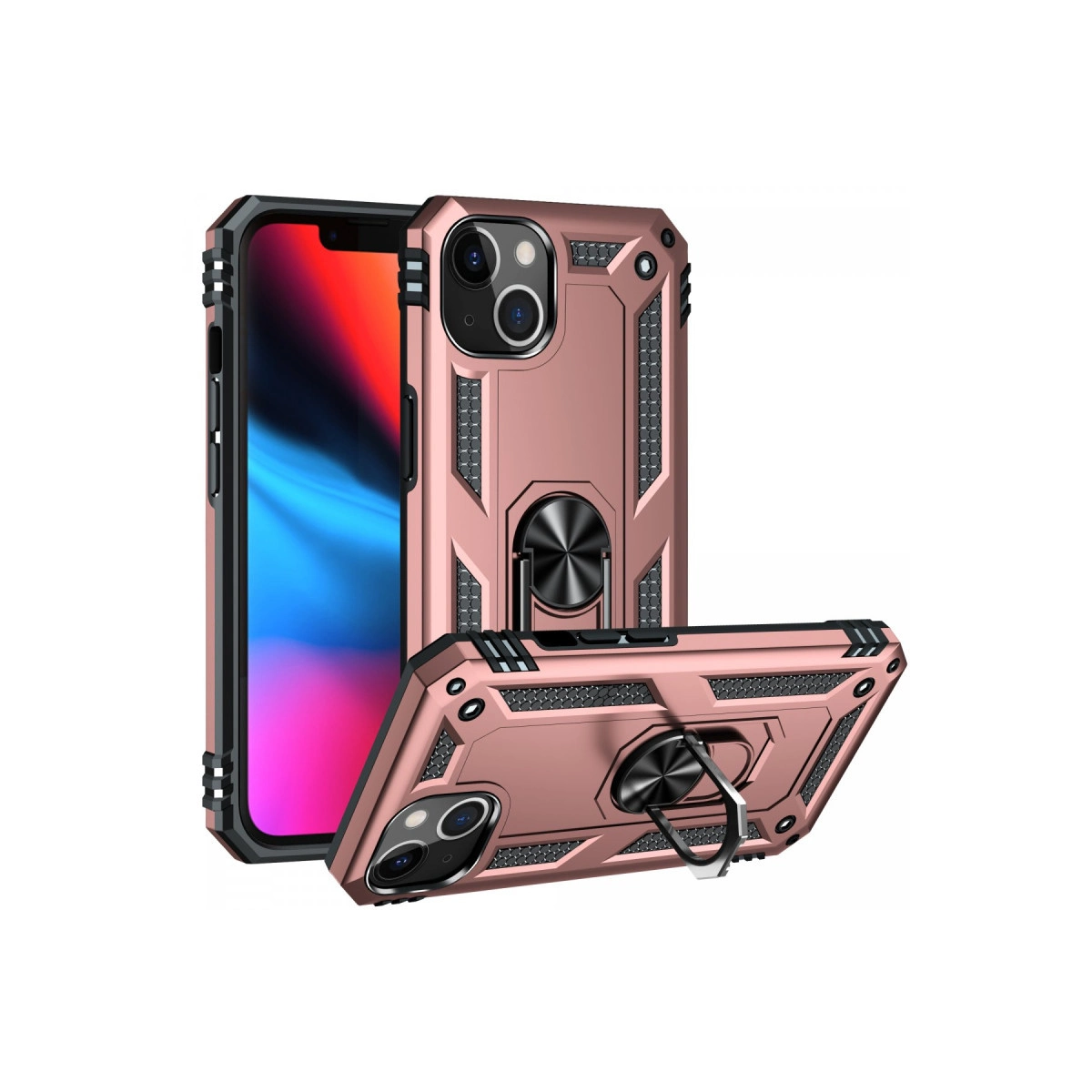 Arkadan halka tutuculu iki adet rose gold telefon kılıfı beyaz zeminde.