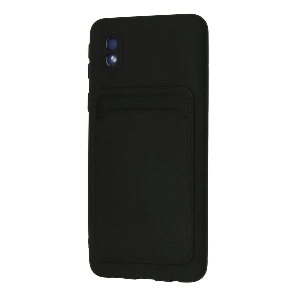 Kart yuvalı ve iki kamera lensli siyah telefon kılıfı.