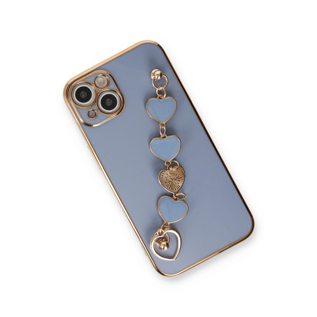 Altın kenarlı mor iPhone ve kalp şeklinde takı bileklik.