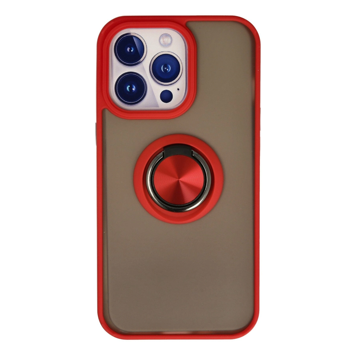 Kırmızı kenarlı gri telefon kılıfı, kamera ve halka tutucu.
