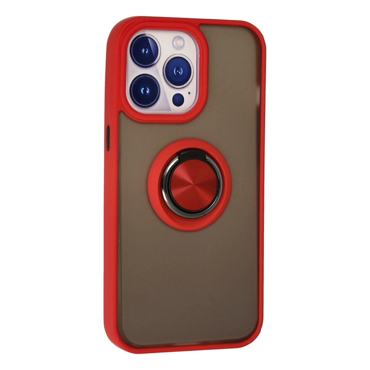 Arkada halka tutuculu ve üç kamera lensli kırmızı telefon kılıfı.