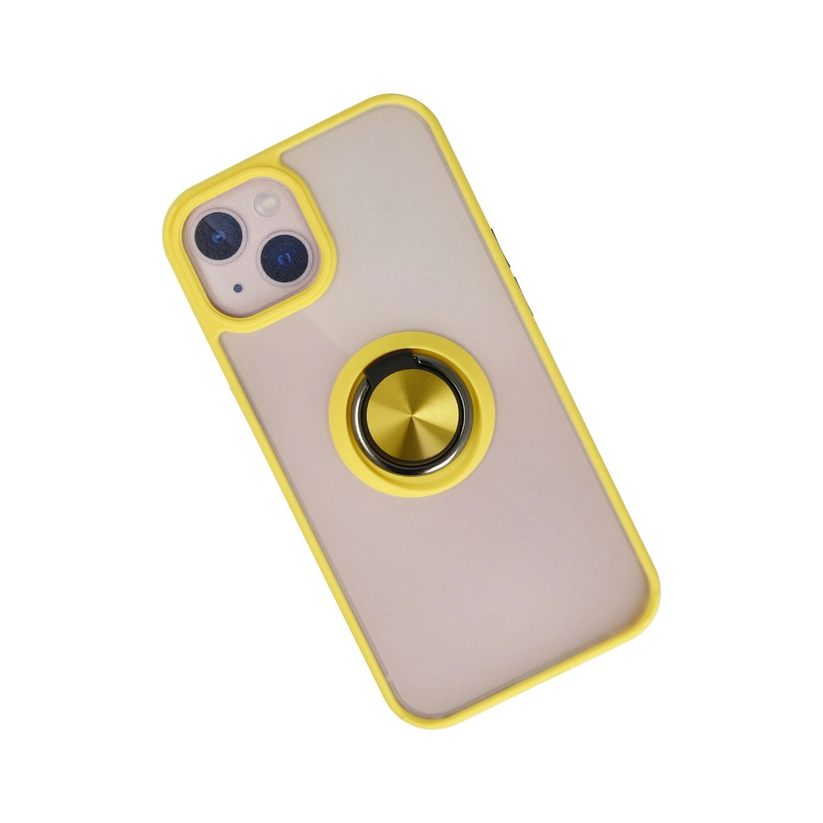 Beyaz arka plan üzerinde halka tutuculu ve kamera kesimli sarı iPhone kılıfı.