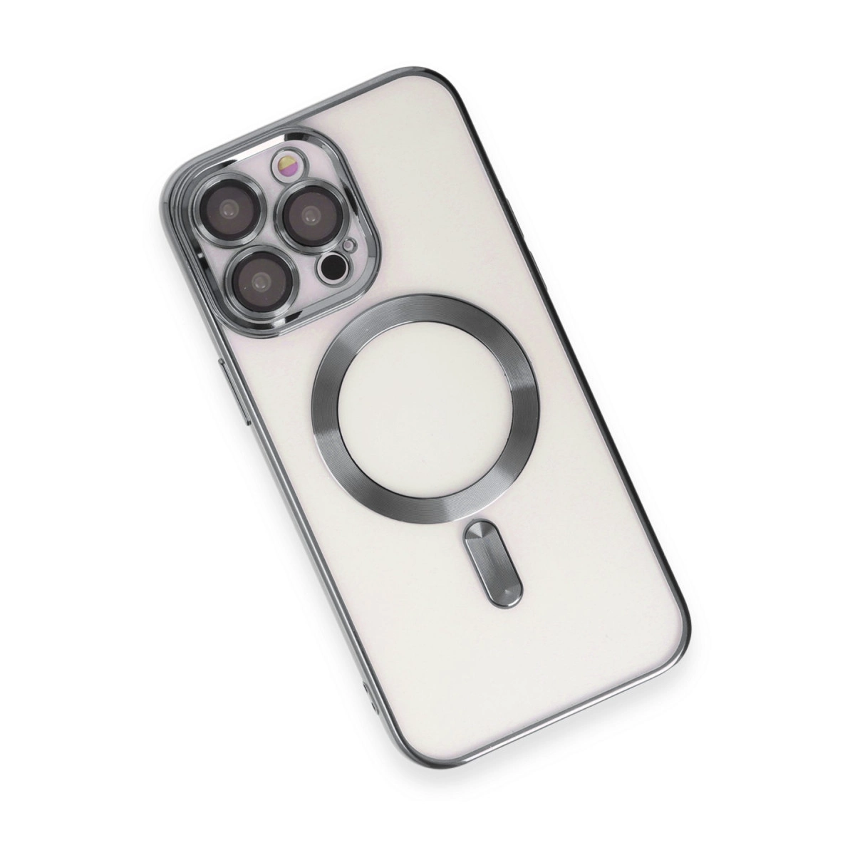 Gümüş kamera modülüne ve manyetik halkaya sahip beyaz telefon kılıfı.