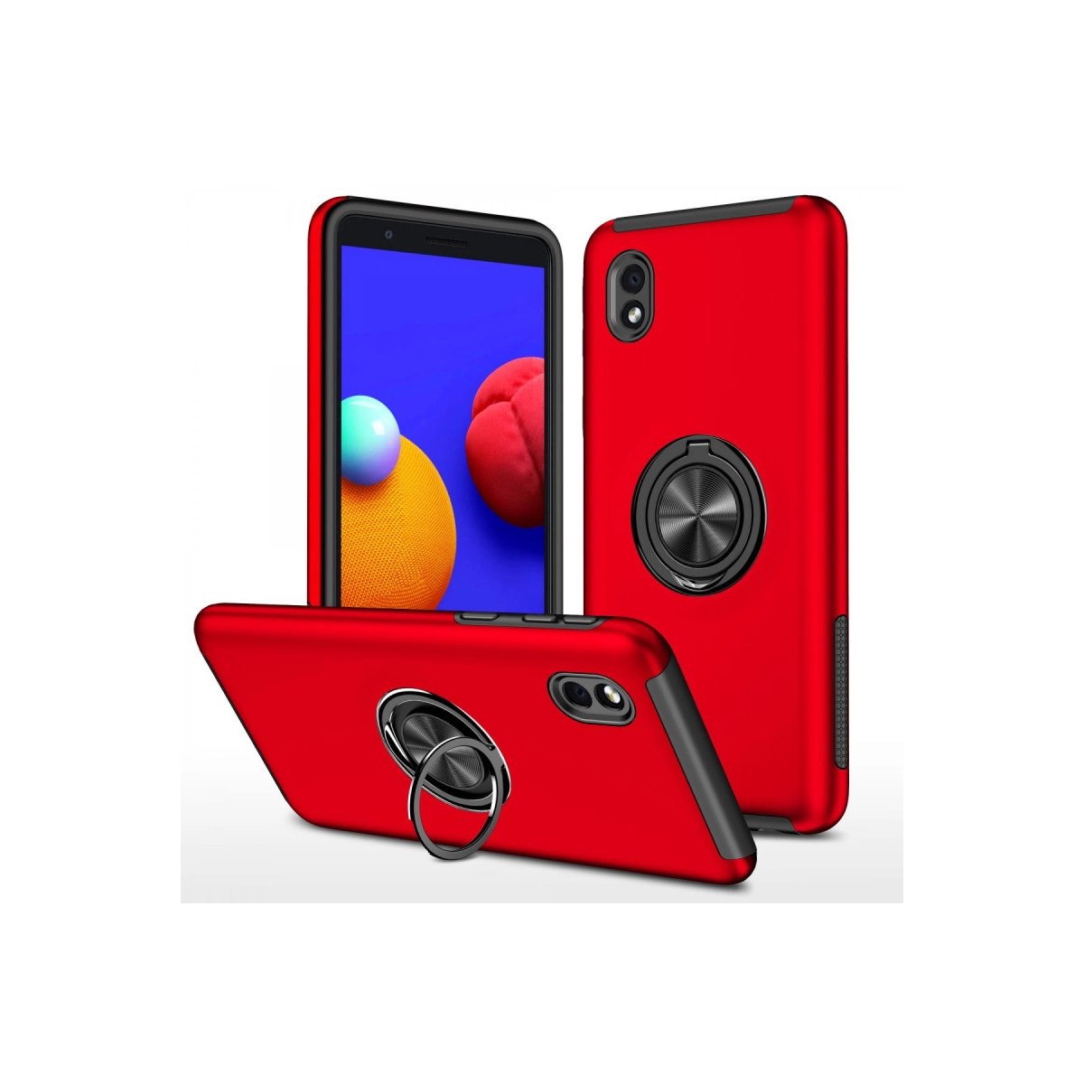 Halka tutuculu kırmızı telefon kılıfı, üç görünüm