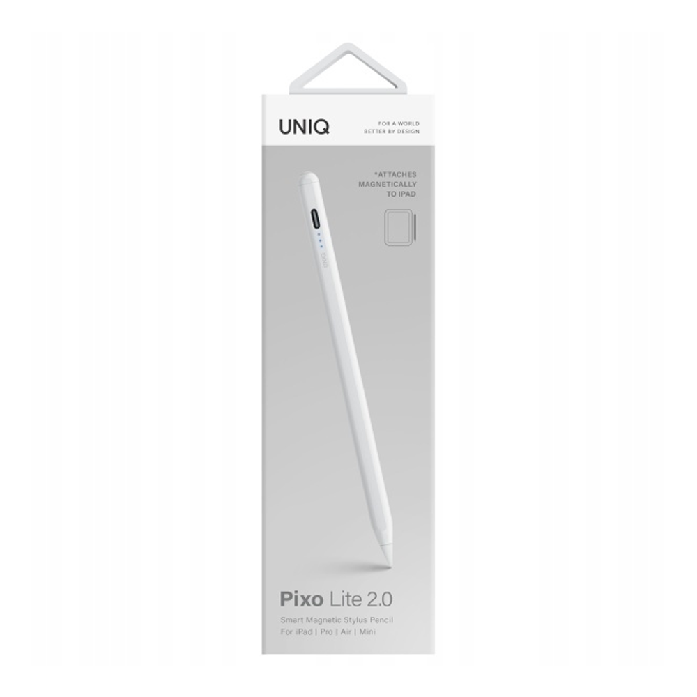 Confezione di uno stilo bianco UNIQ Pixo Lite 2.0 per iPad con marchio.