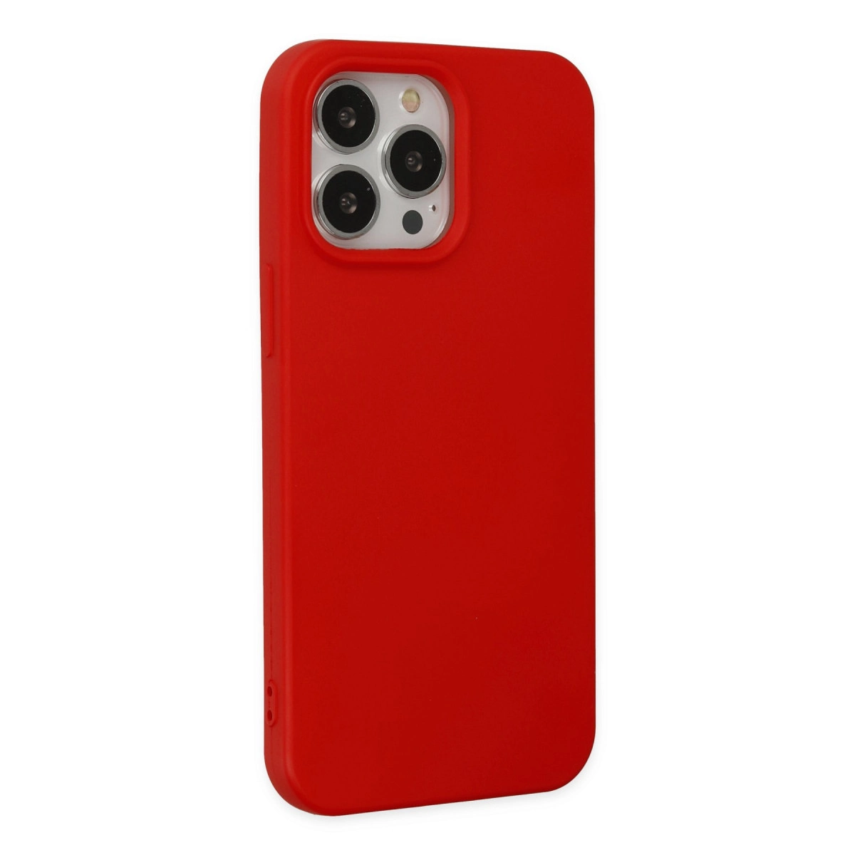 Üçlü kamera kesimli kırmızı telefon kılıfı, beyaz zeminde.
