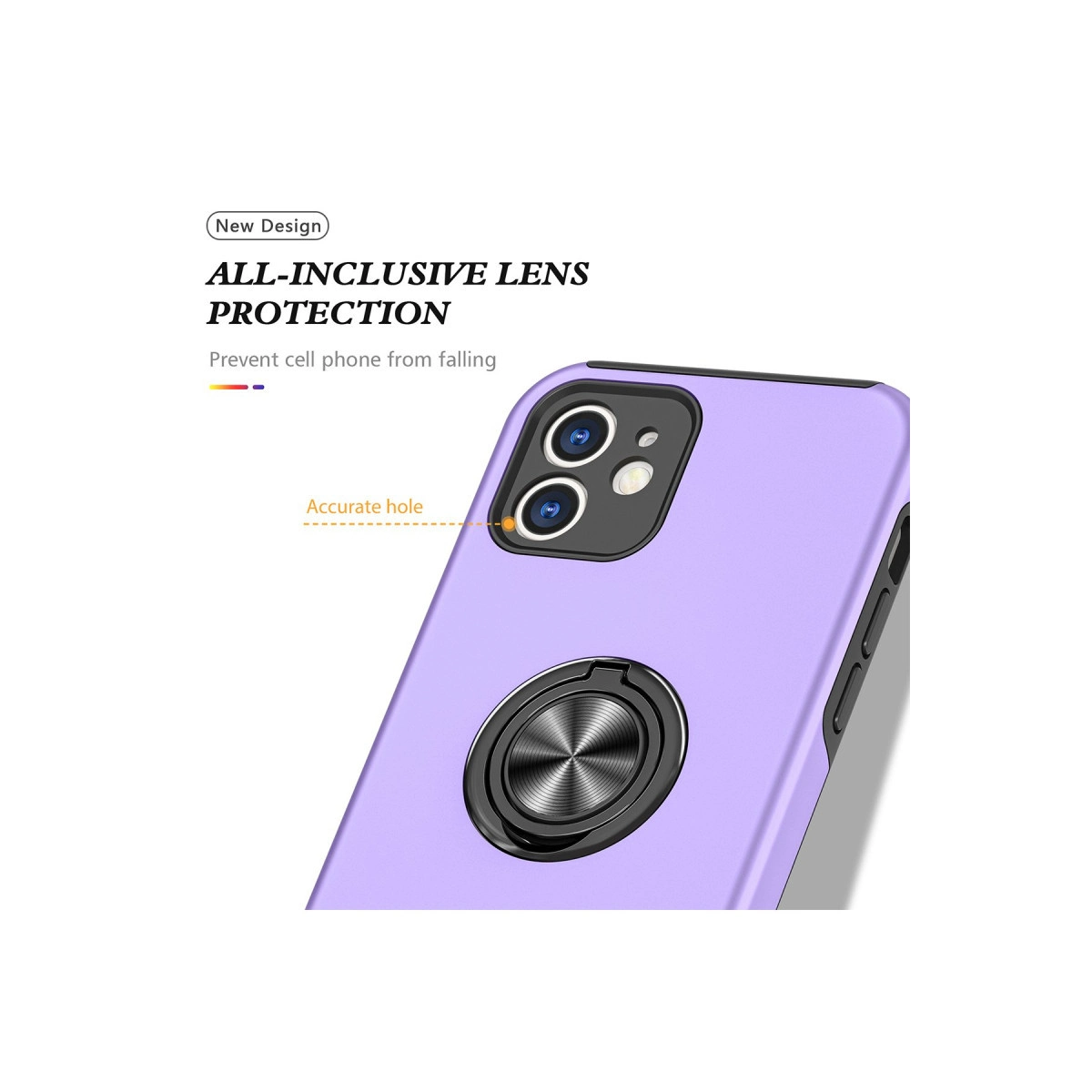 Kamera lens korumalı ve halka tutuculu mor telefon kılıfı.