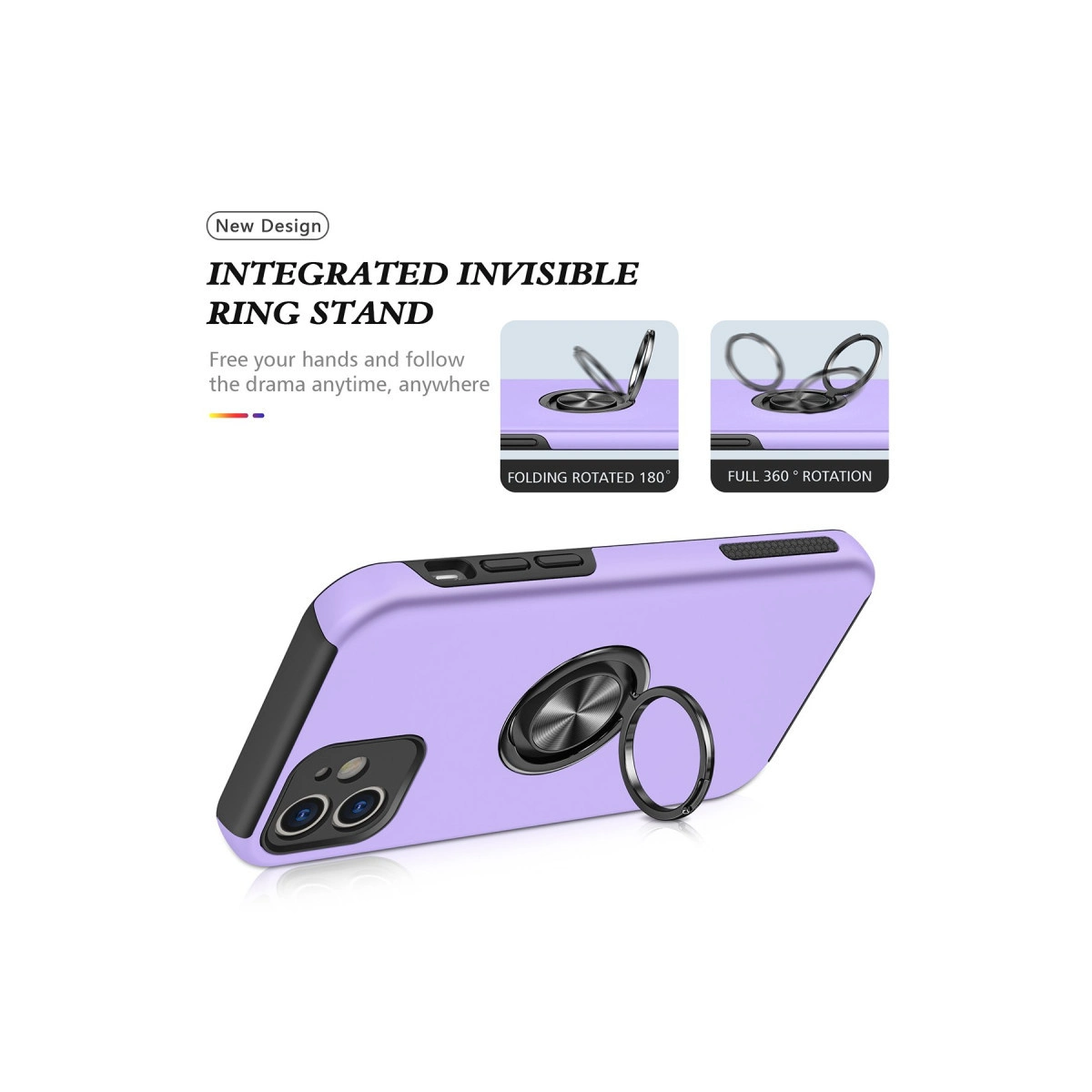 180° katlanabilen ve 360° dönebilen entegre halka standlı mor telefon kılıfı.