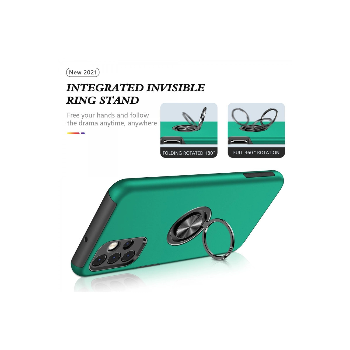 Entegre halka stantlı yeşil telefon kılıfı, katlanmış ve dönüyor olarak gösteriliyor.