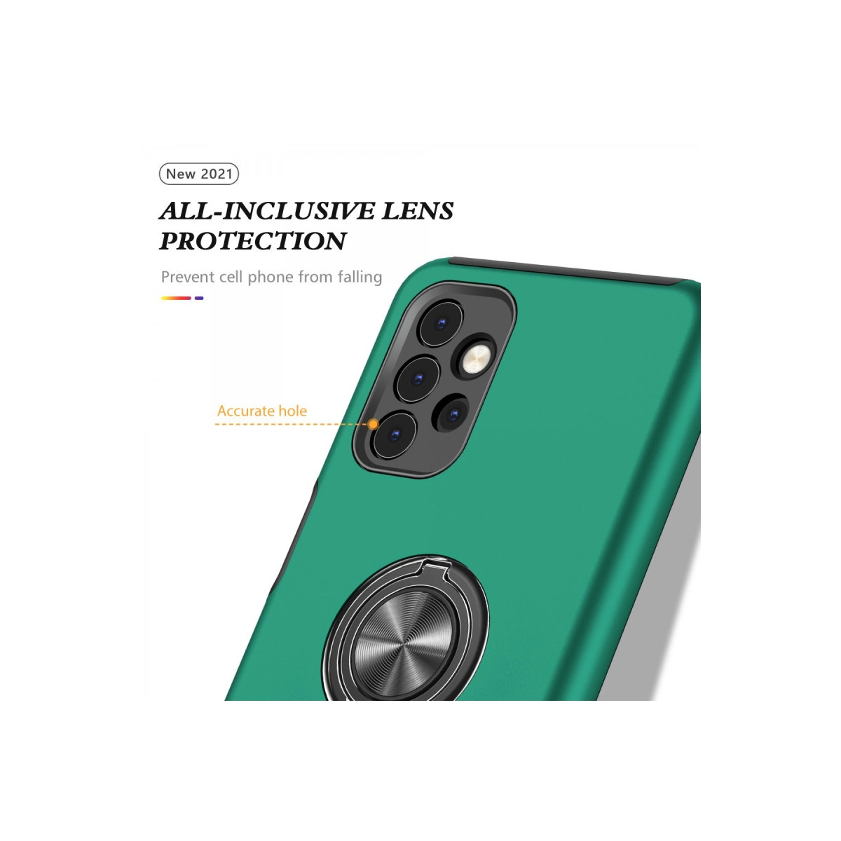 Halka tutuculu ve lens korumalı yeşil telefon kılıfı.