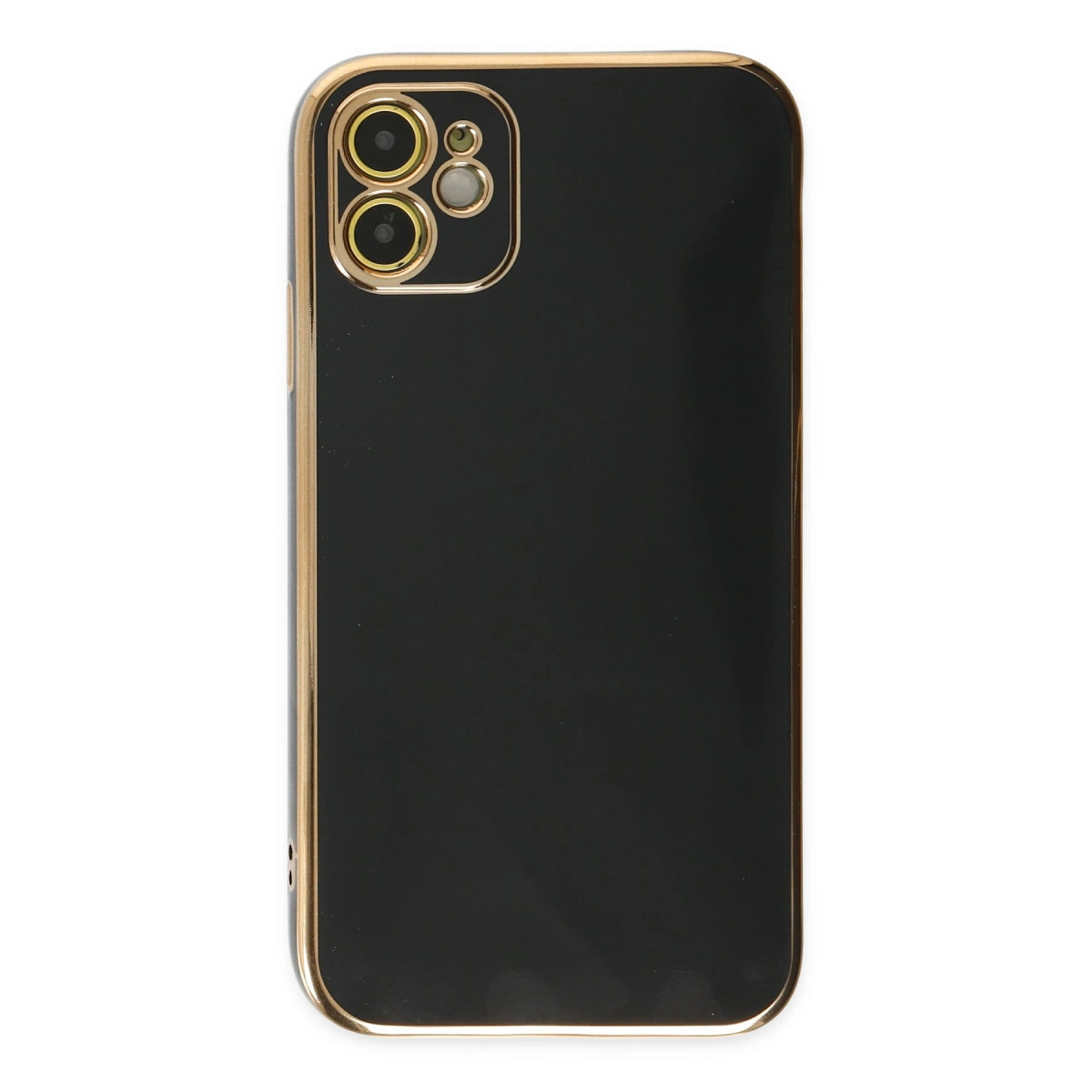 Altın kenarlı ve kamera lensli siyah iPhone kılıfı.