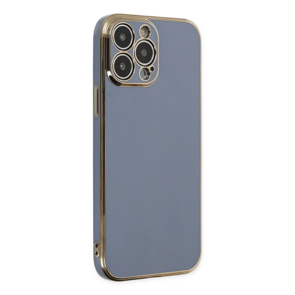 Dört kamera lensli, altın çerçeveli gri telefon kılıfı.