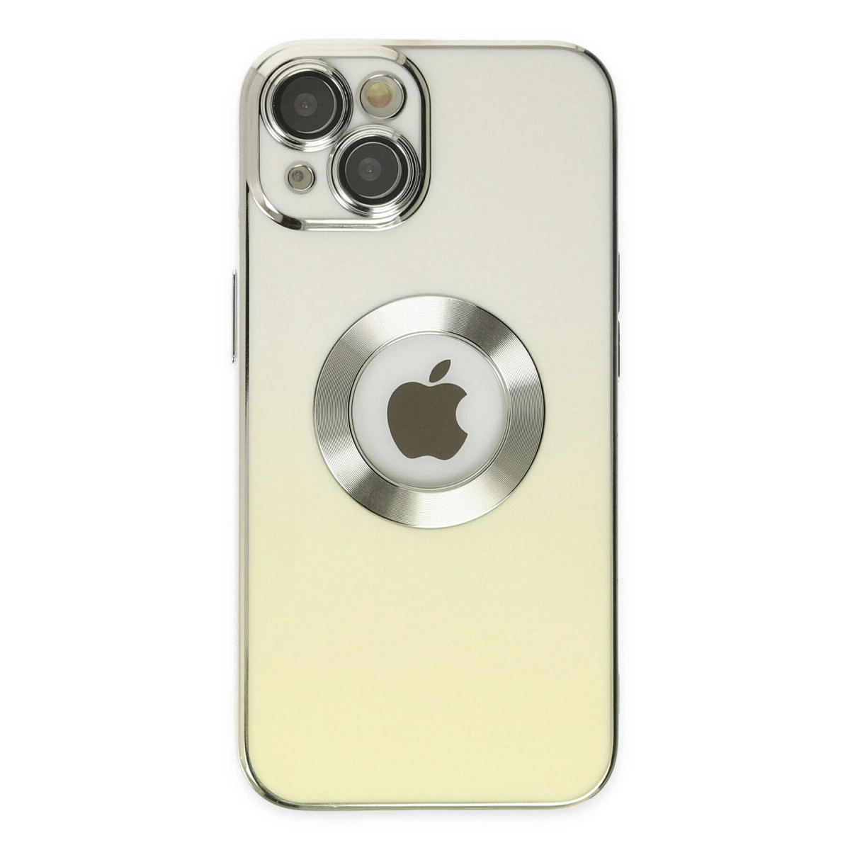 Üç kameralı beyaz iPhone'un arkası ve gümüş rengi Apple logosu.