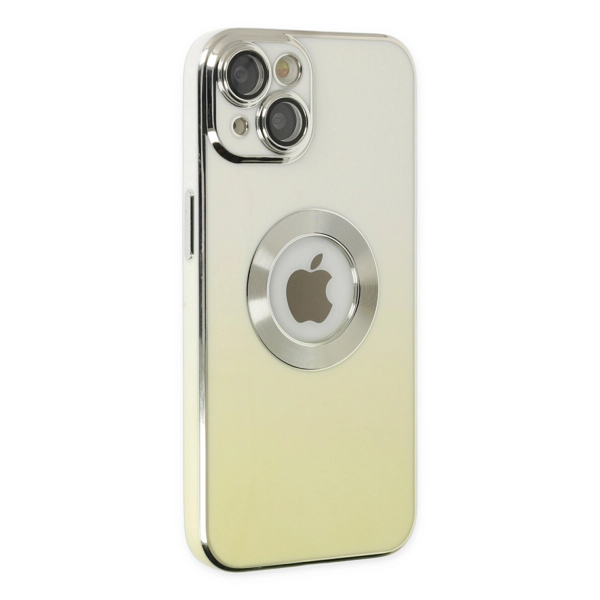 Gümüş iPhone kılıfı, sarı gradyan arka yüzü ve dairesel Apple logosu bulunur.