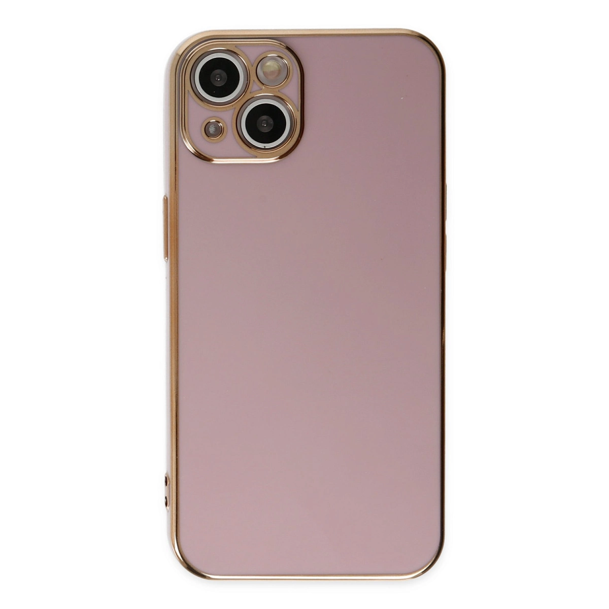 Üstte altın çerçeveli ve üç kamera lensli pembe telefon kılıfı.