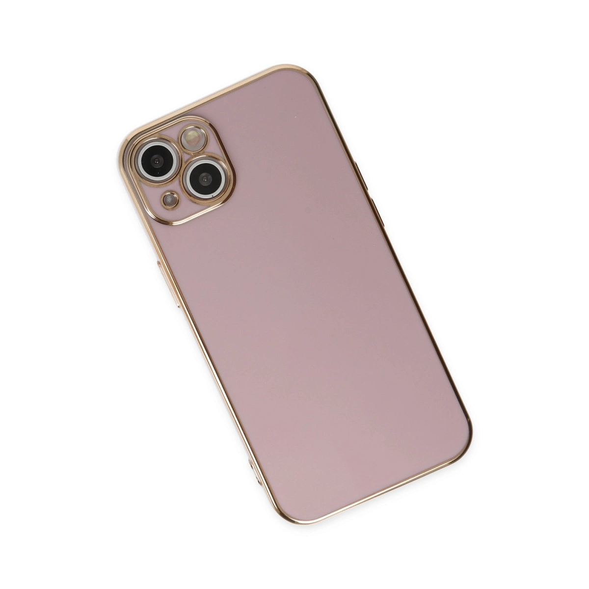 Altın çerçeveli ve kamera modüllü pembe telefon kılıfı.