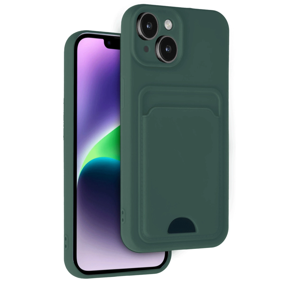 Kart yuvalı kılıfı olan koyu yeşil iPhone.