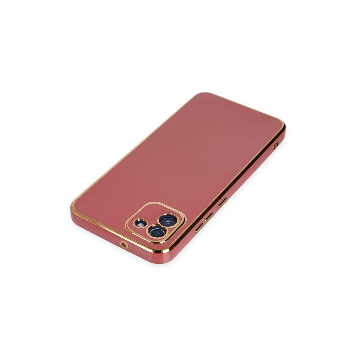 Kamera korumalı gül altın rengi telefon kılıfı, beyaz zeminde.