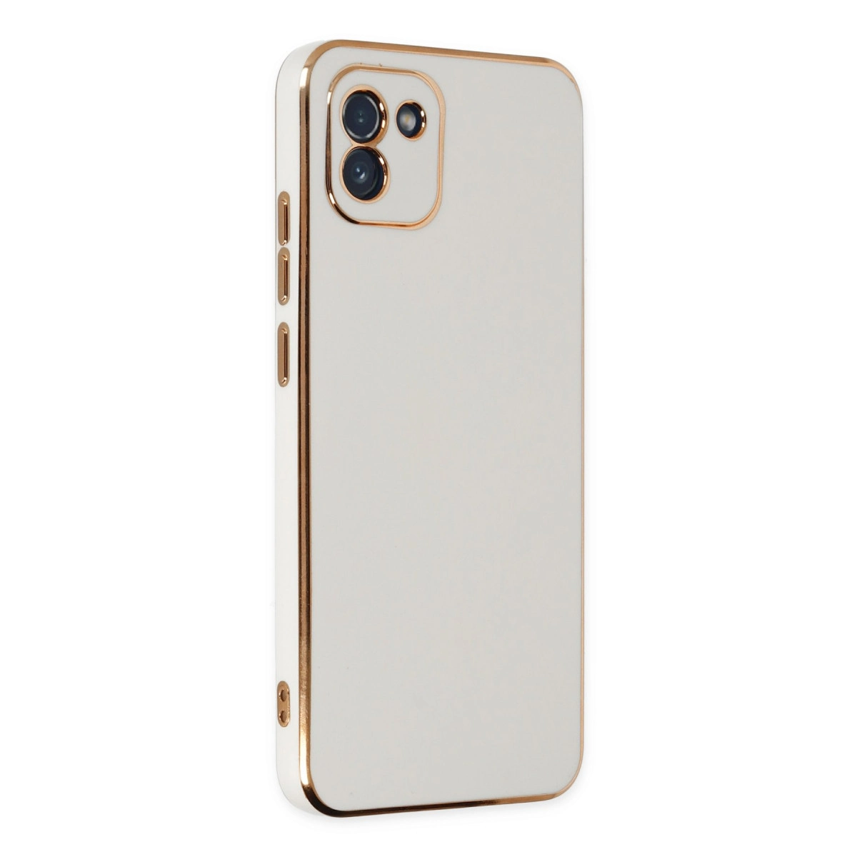 Altın çerçeveli ve lensli beyaz telefon kılıfı.