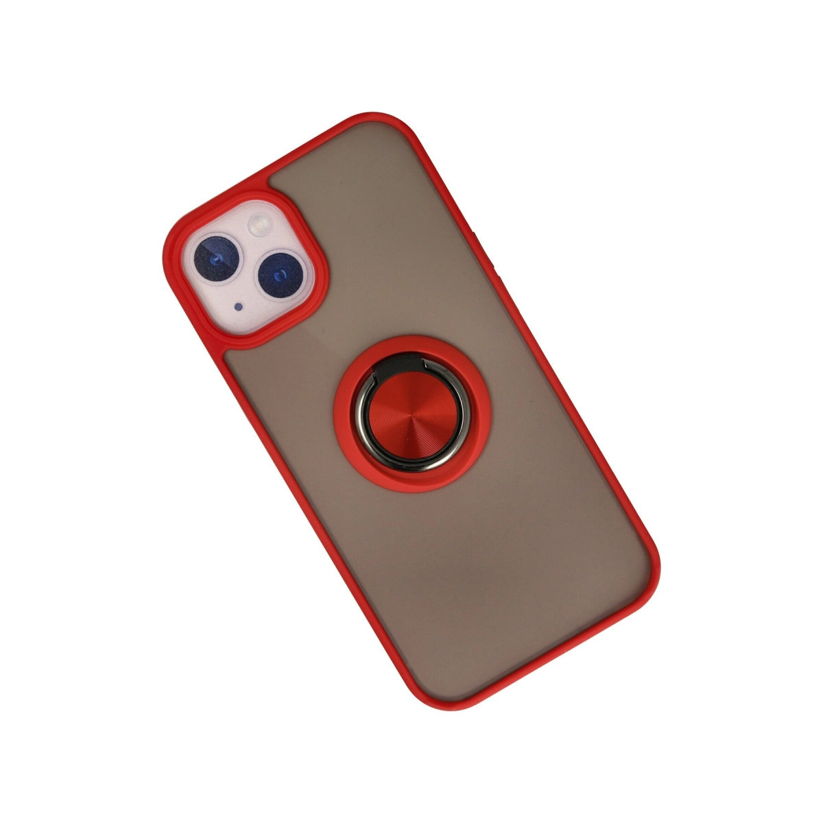 Kırmızı kenarlı gri telefon kılıfı ve halka tutucu.