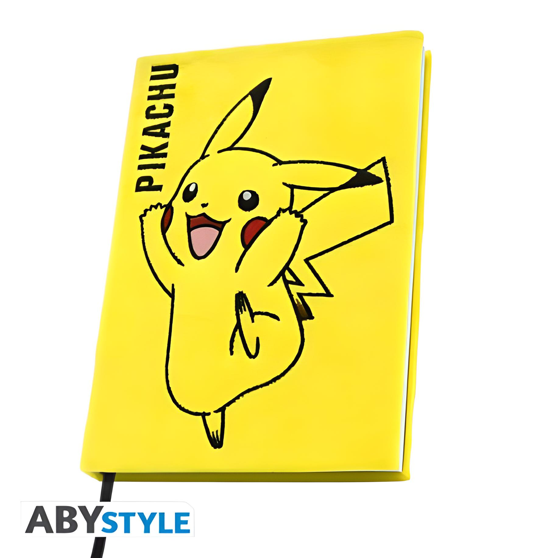 Ein gelbes Notizbuch mit Pikachu-Aufdruck und dem Schriftzug PIKACHU.