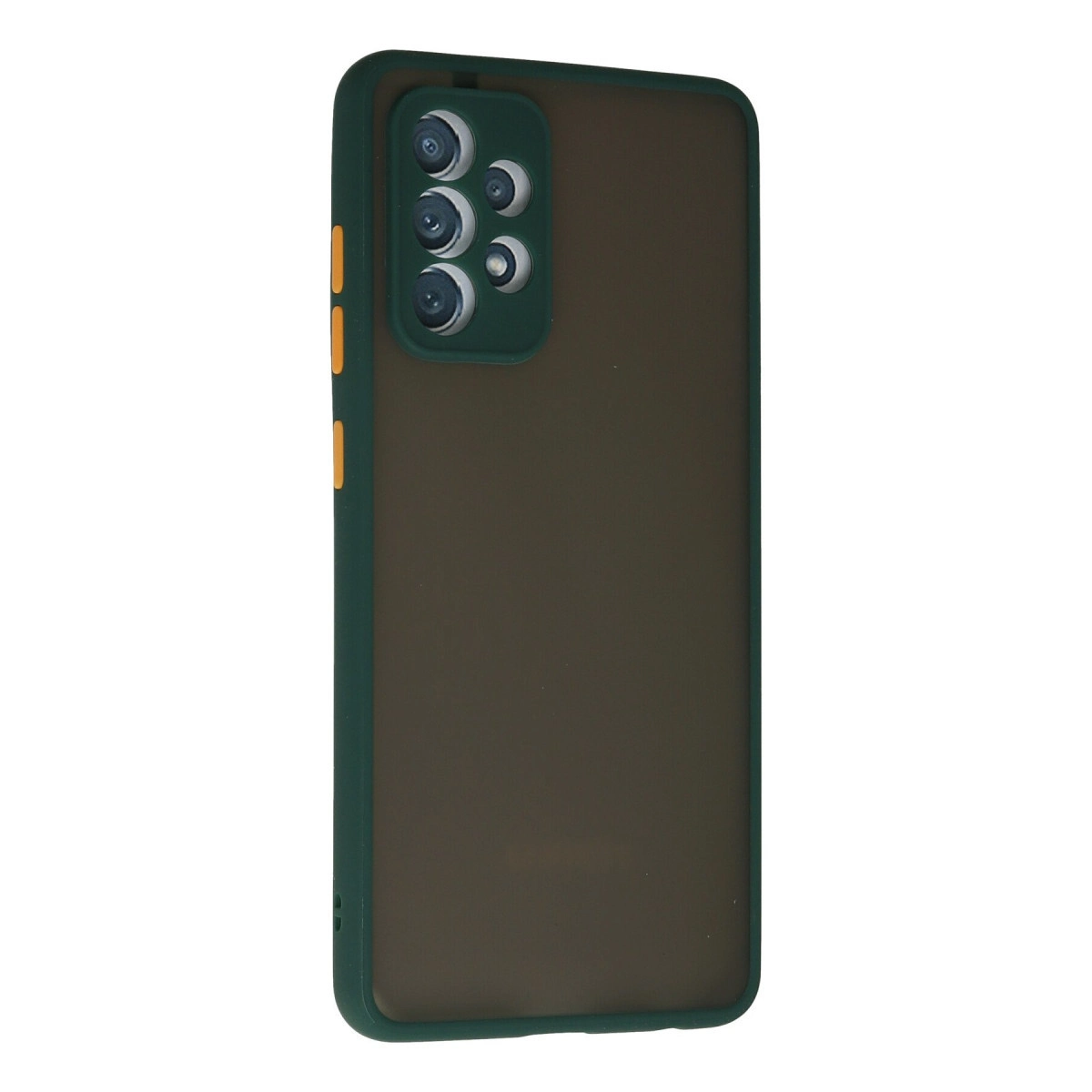Çoklu kamera lensleri ve turuncu düğmeleri olan koyu yeşil telefon kılıfı.