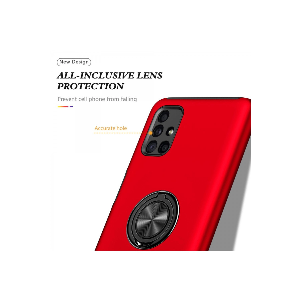 Arkada lens korumalı ve halka tutuculu kırmızı telefon kılıfı.