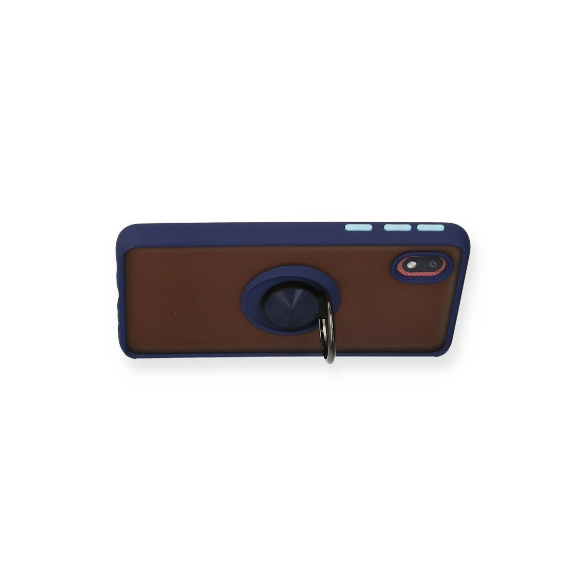 Kahverengi arka ve halka tutuculu lacivert telefon kılıfı.