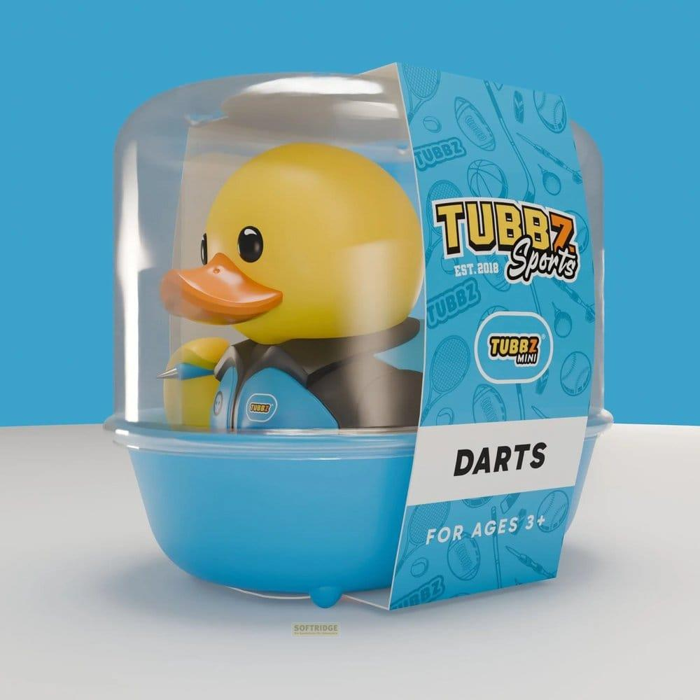 Ein gelber Tubbz-Enten-Sammlerartikel im Darts-Design in einer Blisterverpackung.