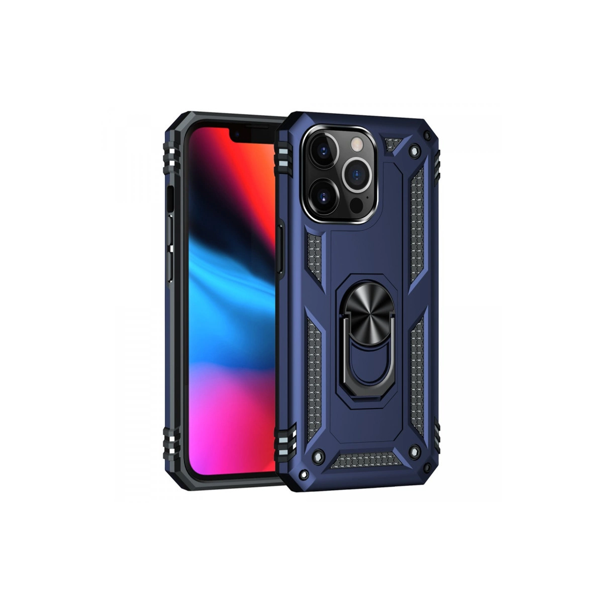 Halka tutuculu koyu mavi telefon kılıfı ve kamera lensi.