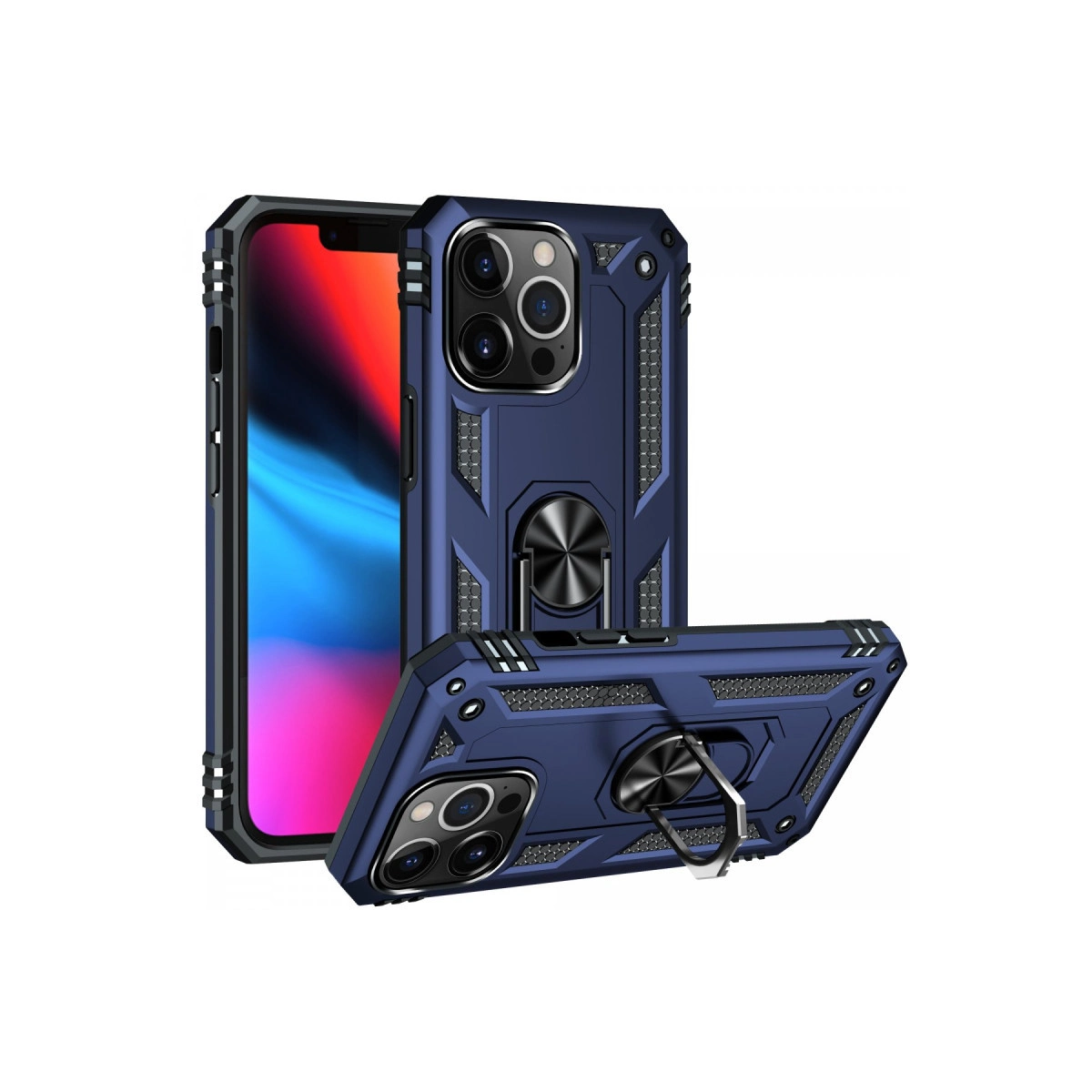 Halka tutuculu ve kamera korumalı lacivert telefon kılıfı.