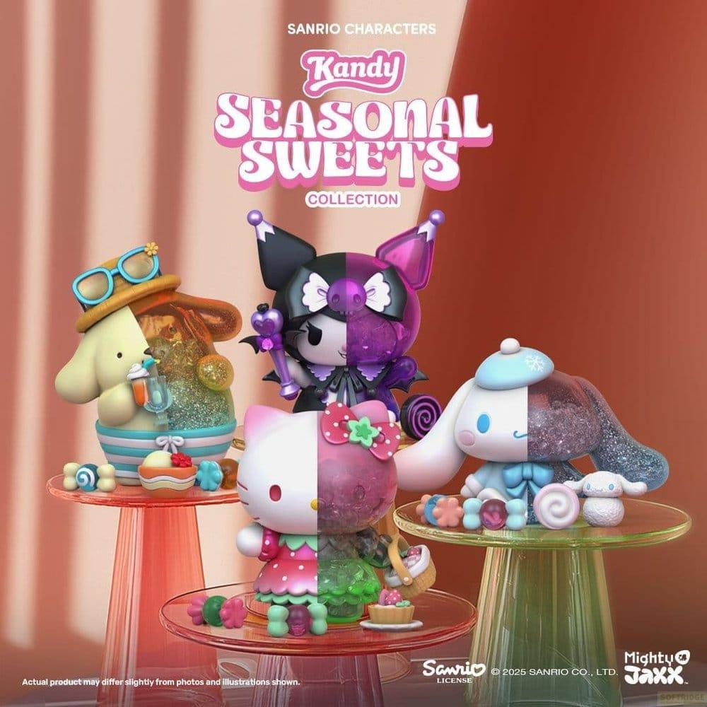 Vier Sanrio-Figuren auf Podesten: Hello Kitty, Kuromi, Pochacco und Cinnamoroll.