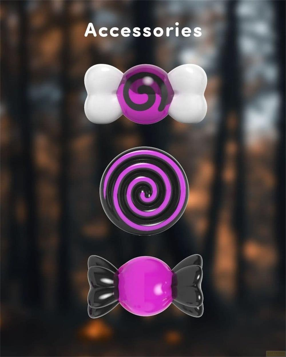 Drei Halloween-Bonbons: lila mit weißen Enden, lila/schwarze Spirale, lila mit schwarzen Enden.
