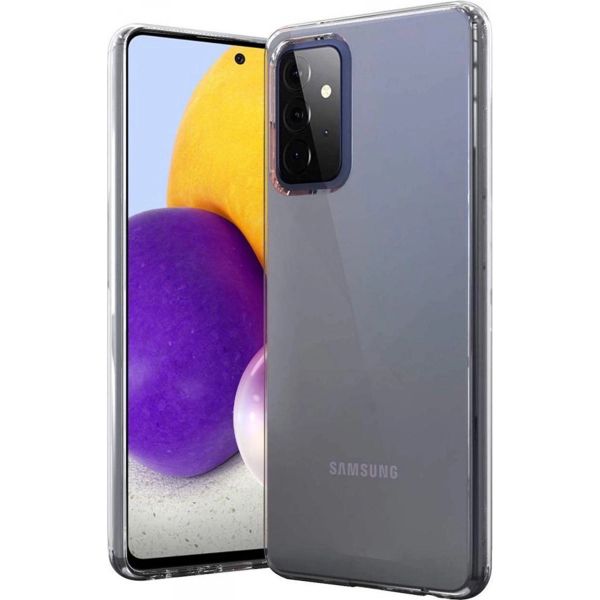 Samsung telefonlu şeffaf kılıf. Telefon mor ve sarı renk gösteriyor.