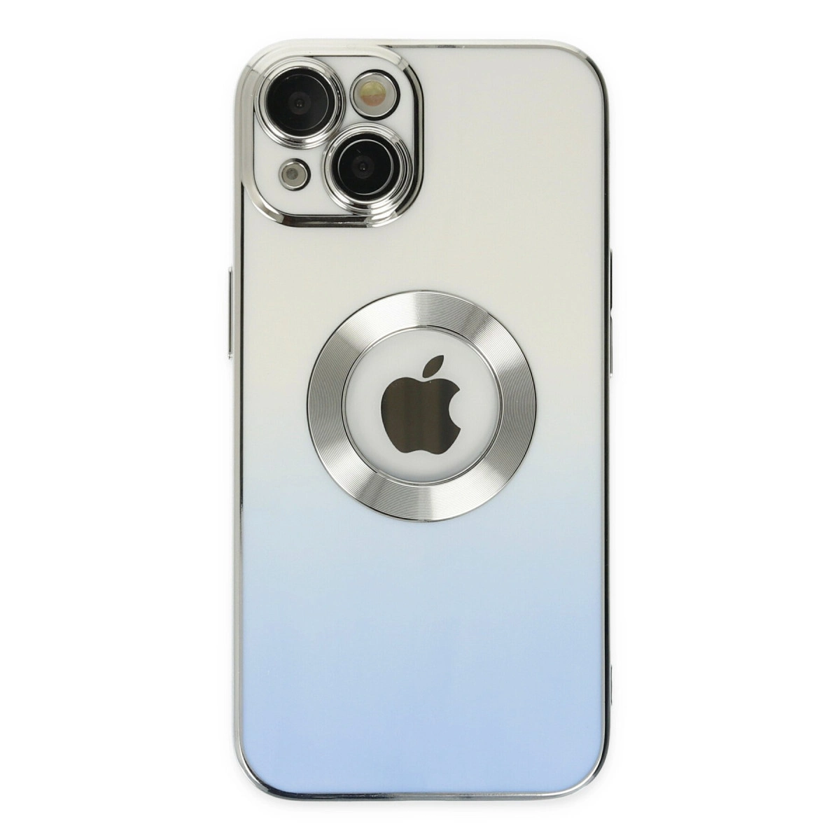 Gümüş çerçeveli, kameralı ve Apple logolu iPhone. Beyazdan maviye geçişli.