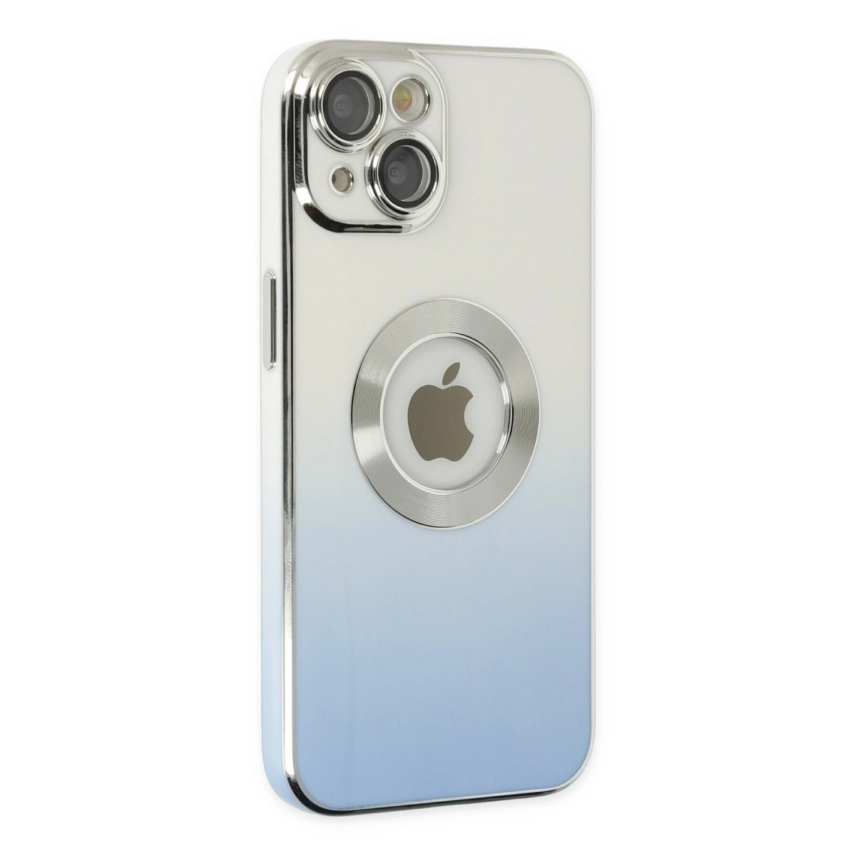 Apple logosu, kameralar ve degrade renkli gümüş telefon kılıfı.