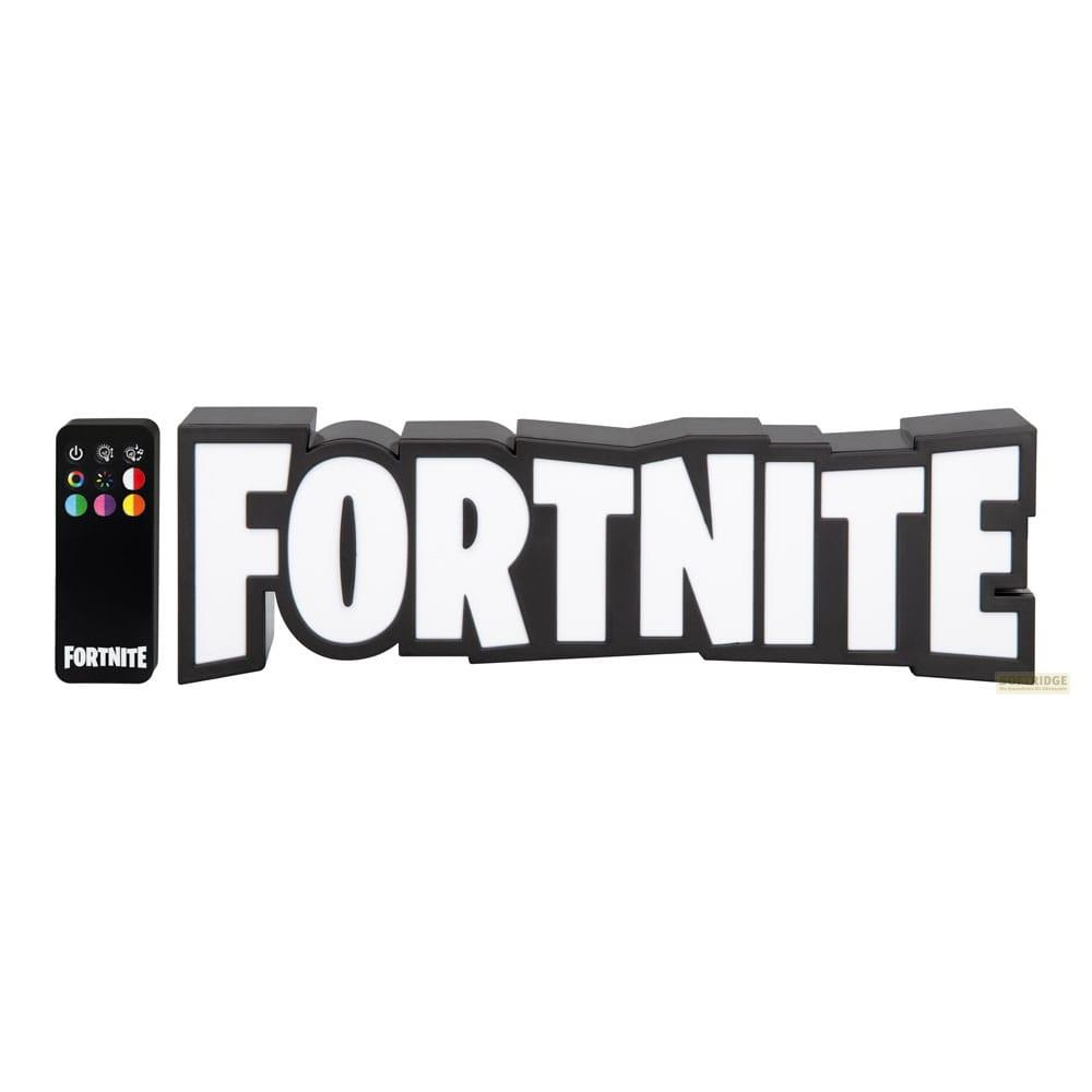 Logo de Fortnite en letras blancas con borde negro y un mando a distancia.