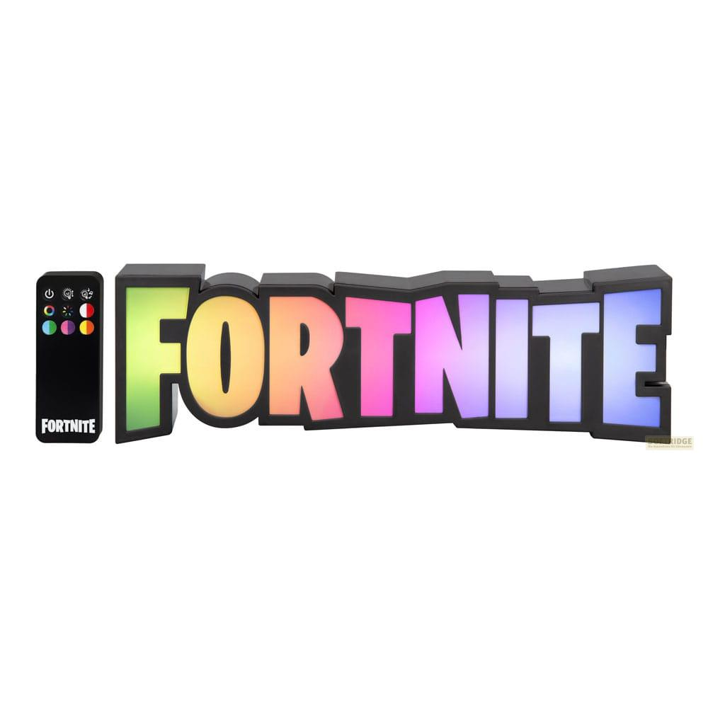 Logo de Fortnite con mando a distancia. Las letras se iluminan en varios colores.