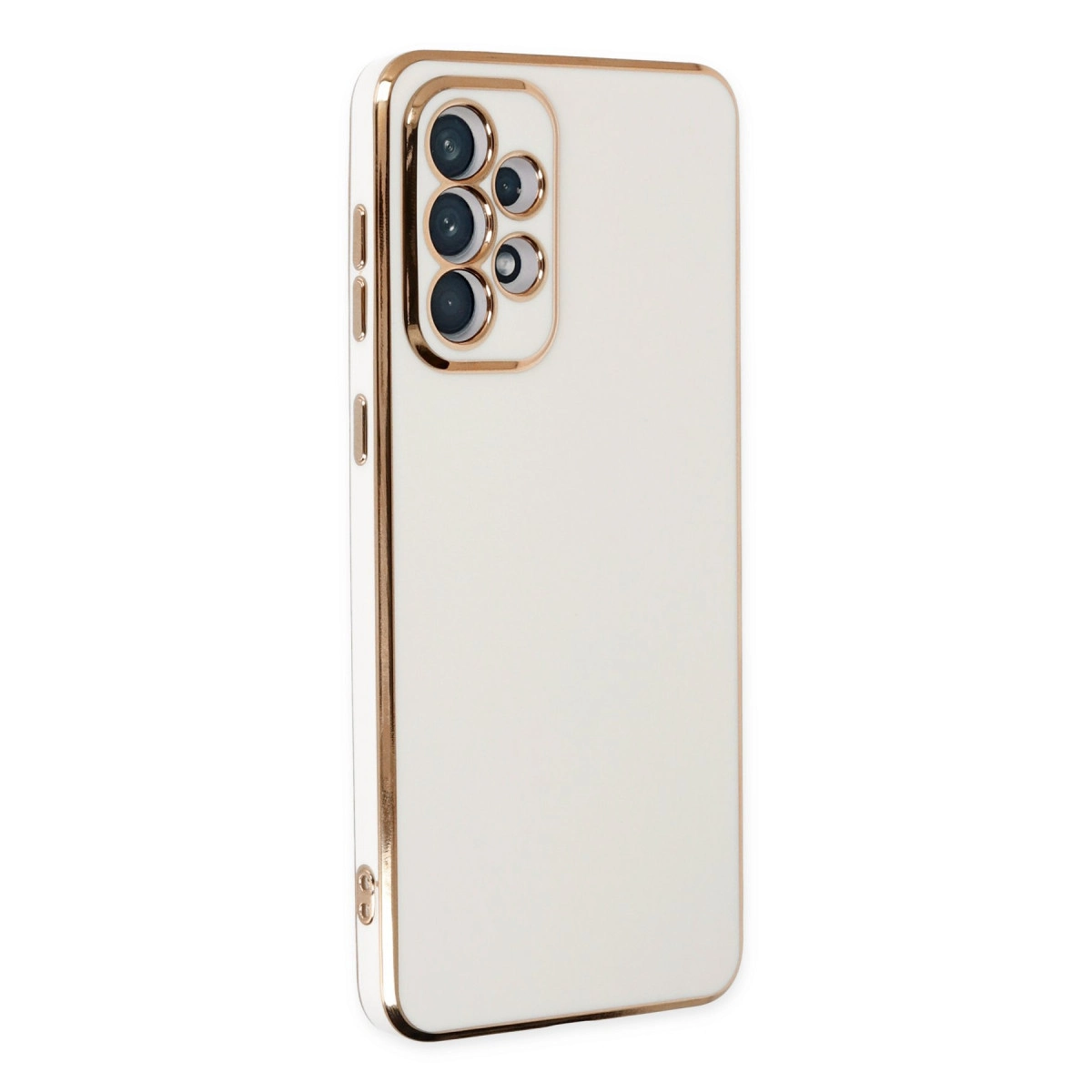 Altın çerçeveli beyaz telefon kılıfı ve kamera lens dizisi.