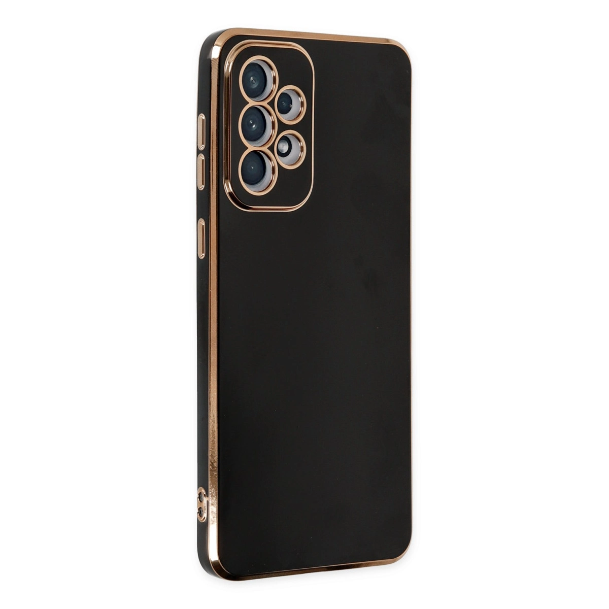 Altın kenarlıklı ve kamera adacıklı siyah telefon kılıfı.