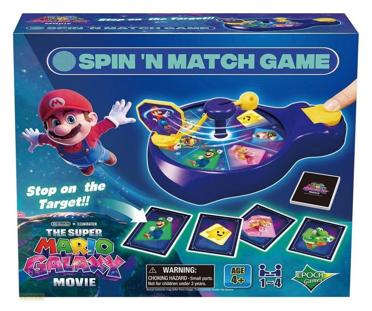 Mario-Spielebox: Mario-Figur, Spielbrett mit Karten und Warnhinweise.