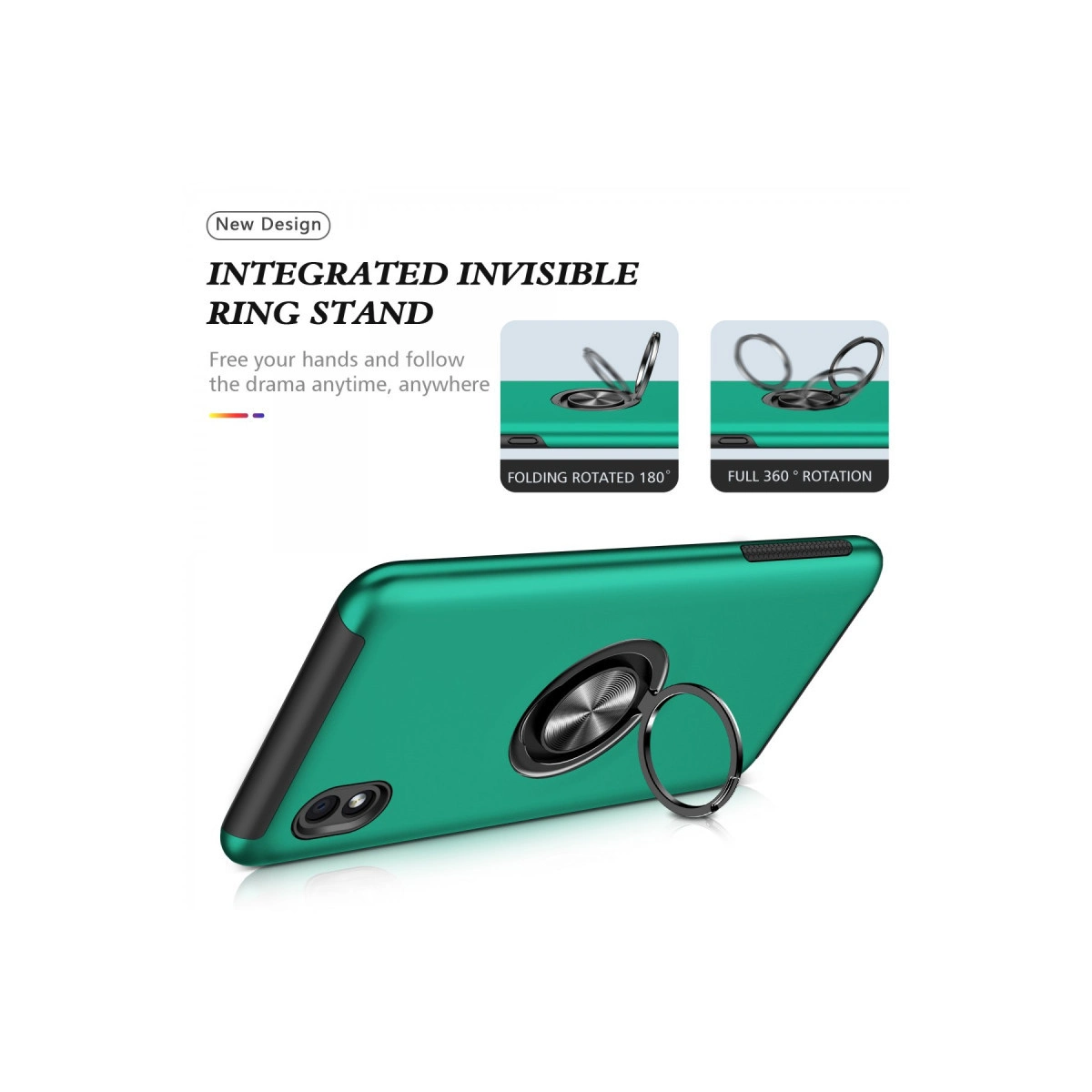 Entegre halka stantlı yeşil telefon kılıfı, 180° katlanabilir, 360° dönebilir.
